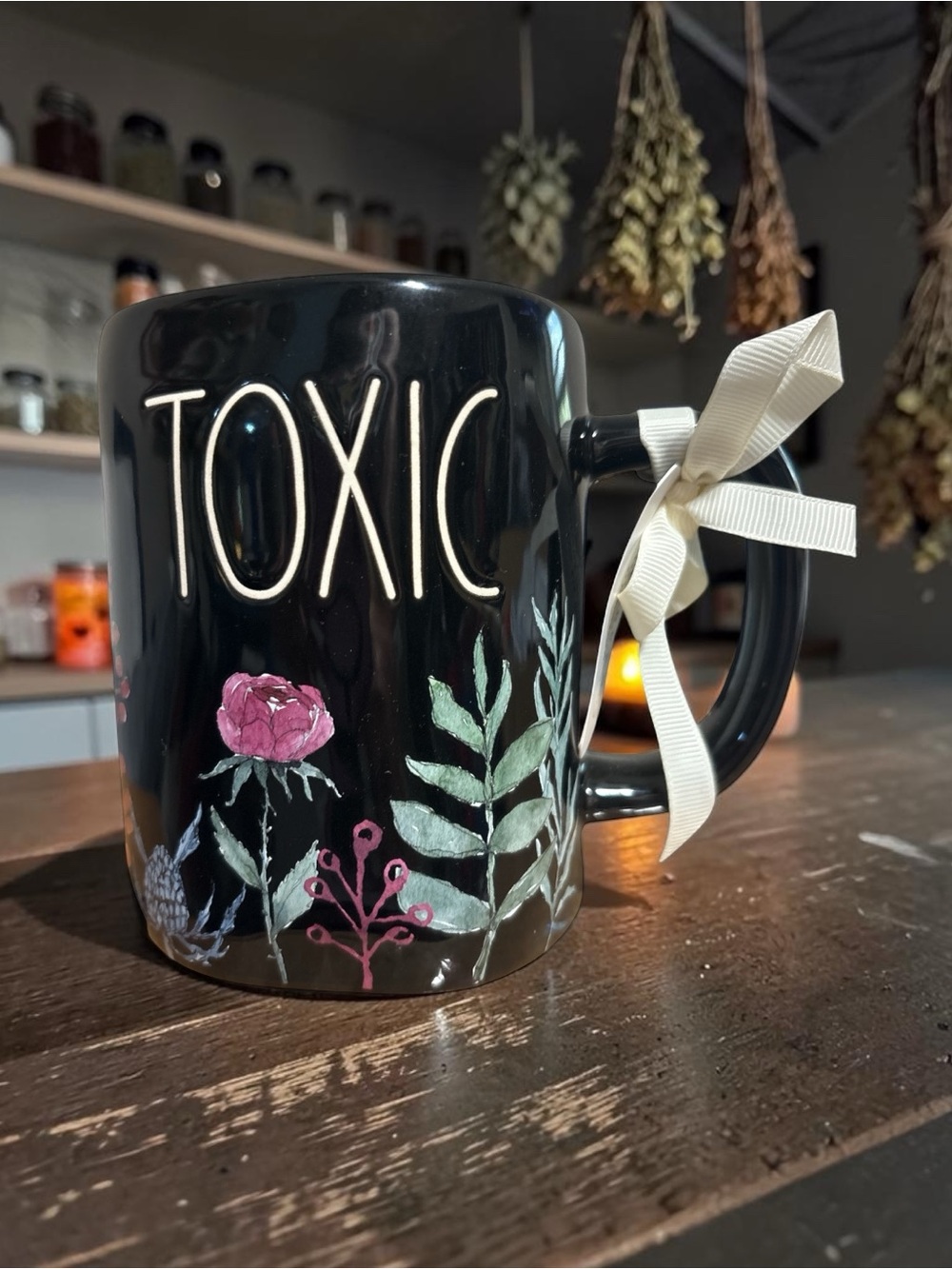 Rae Dunn TOXIC Black Floral Ceramic Mug